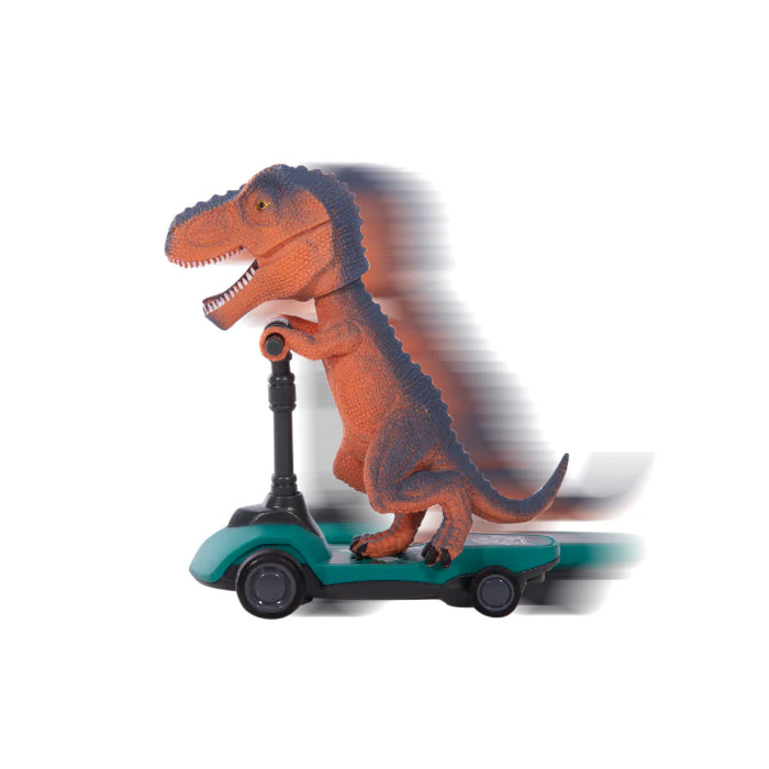orange and dark blue t-rex on teal scooter against white background