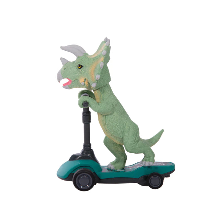 green triceratops on teal scooter against white background