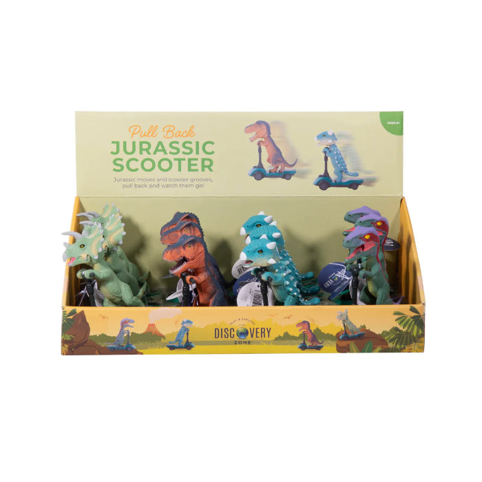 all variants of pull back jurassic dino on scooter in display box against white background