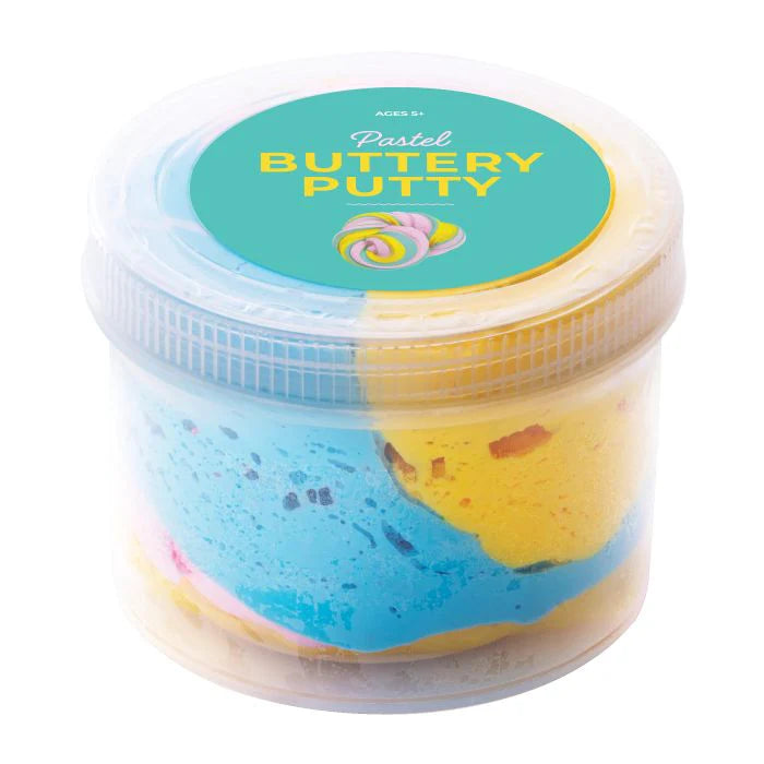 pastel buttery putty in clear tub with blue and yellow swirled texture, soft sensory slime for kids play and stress relief Adventure Awaits