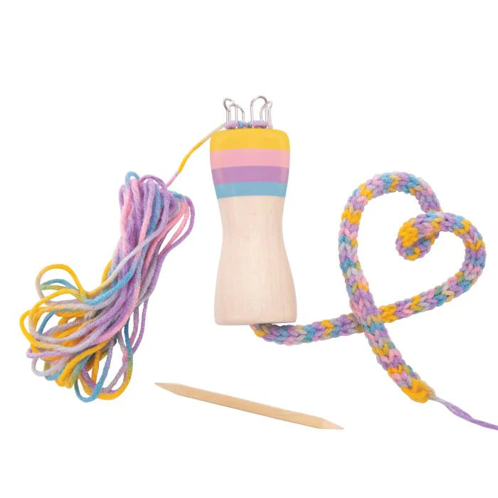 French knitting kit with wooden knitting spool, colourful yarn and finished braided cord, beginner kids craft activity set Adventure Awaits