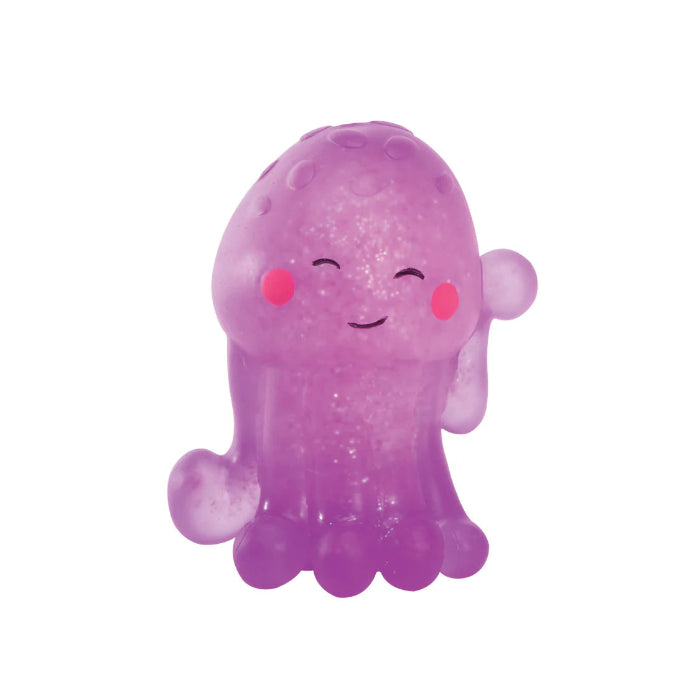 Purple mini octopus squeeze toy with glitter and smiling face, soft sensory fidget toy for kids calming play Adventure Awaits
