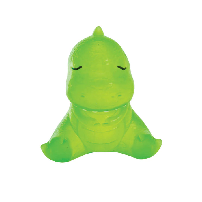 Green mini dinosaur squeeze toy with closed eyes, soft textured sensory fidget toy for kids calming play Adventure Awaits