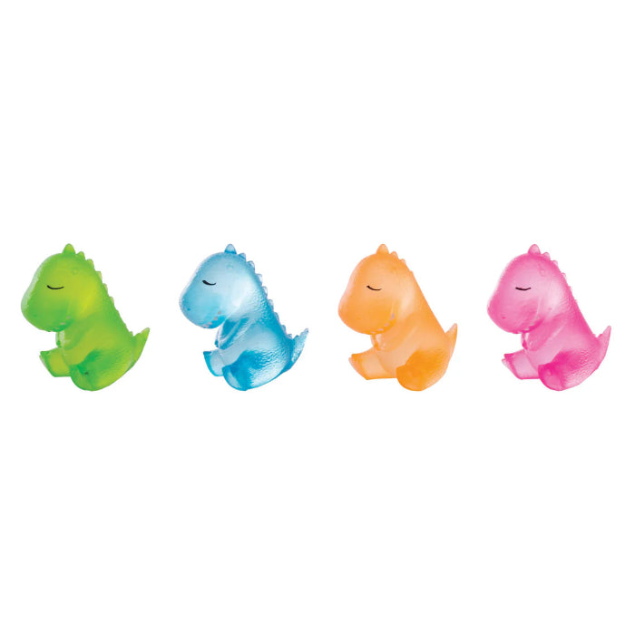 Four mini dinosaur squeeze toys in green blue orange and pink side view, soft sensory fidget toys for kids Adventure Awaits
