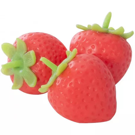 set of three soft strawberry squishy toys with textured red surface and green tops, sensory toys for kids play and stress relief Adventure Awaits