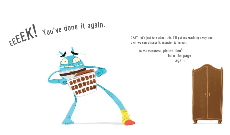 Blue monster caught in undies inside Do Not Open This Book Again, funny kids book page — Adventure Awaits