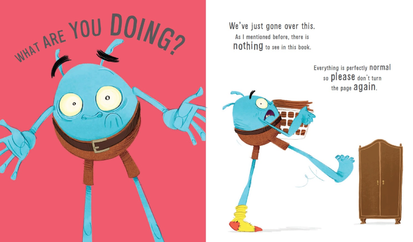 Blue monster panics in Do Not Open This Book Again, funny kids book page with wardrobe — Adventure Awaits