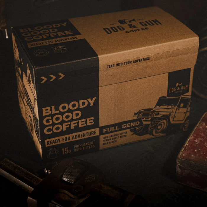 Bloody Good Coffee Full Send drip bag coffee box with rich roast notes — Adventure Awaits