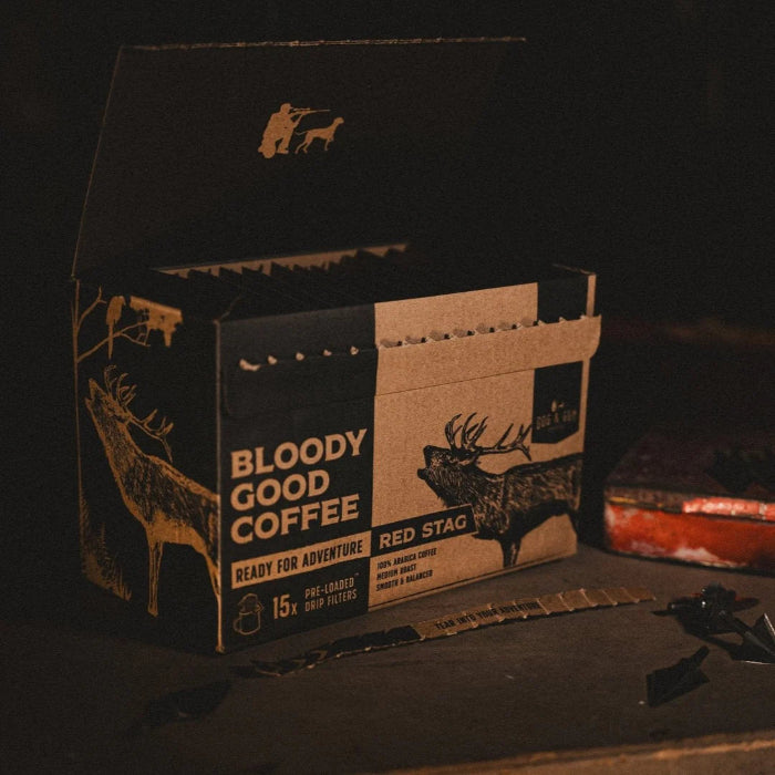 Bloody Good Coffee Red Stag drip bag coffee box ready for adventure — Adventure Awaits