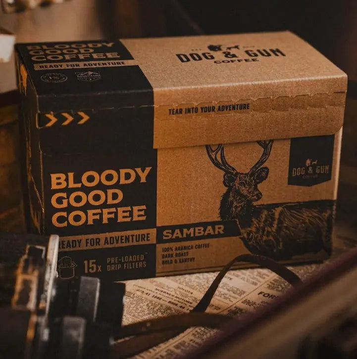 Bloody Good Coffee Sambar drip bag coffee box with bold earthy roast notes — Adventure Awaits