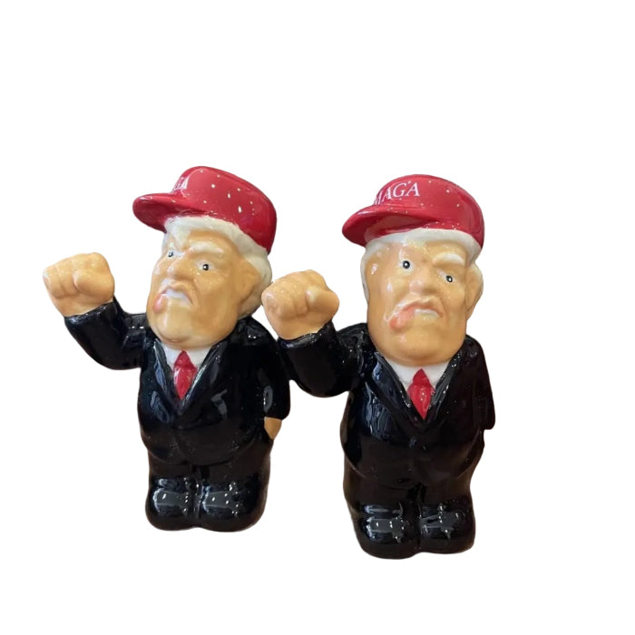 Political caricature salt and pepper shakers with red MAGA caps — Adventure Awaits