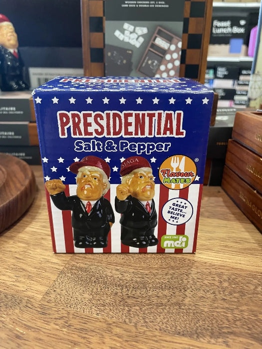 Presidential caricature salt and pepper set in star-spangled gift box — Adventure Awaits