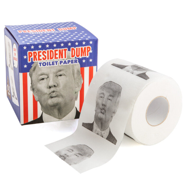 Roll of toilet paper with a printed image and a box labeled 'President Dump' on a white background
