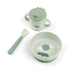 Baby feeding set with suction bowl, spoon and handled cup with lid in soft green tones, ideal for mess free meals at home or travel Adventure Awaits