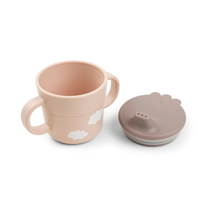 Baby training cup with handles and removable lid in soft neutral tones, practical feeding essential for home or travel Adventure Awaits