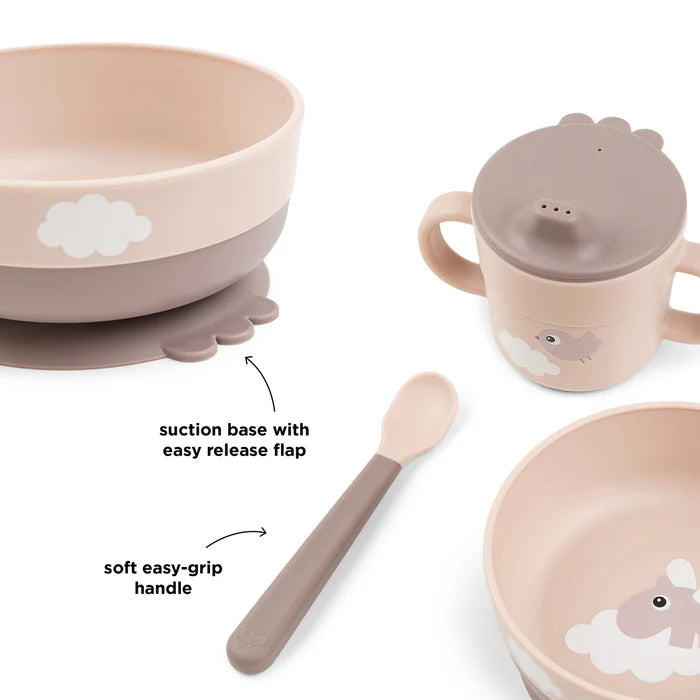 Baby feeding set with suction bowl, spoon and handled cup with lid, highlighting easy grip handle and suction base for mess free meals Adventure Awaits