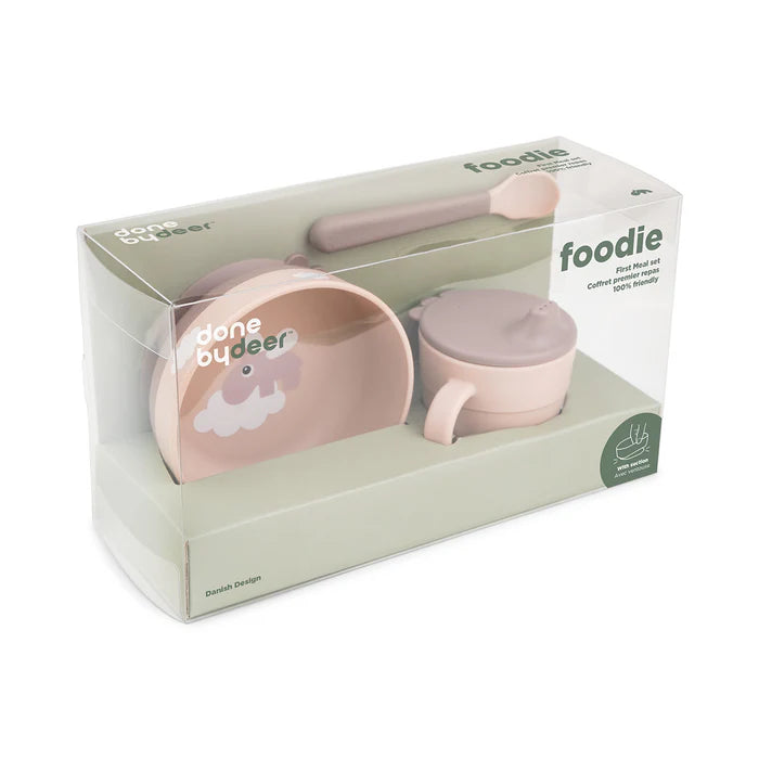 Done by Deer Foodie baby meal set in retail packaging with bowl, spoon and cup, practical feeding essential for home or travel Adventure Awaits