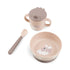 Baby feeding set with bowl, spoon and handled cup with lid in soft neutral tones, practical mealtime essential for home or travel Adventure Awaits