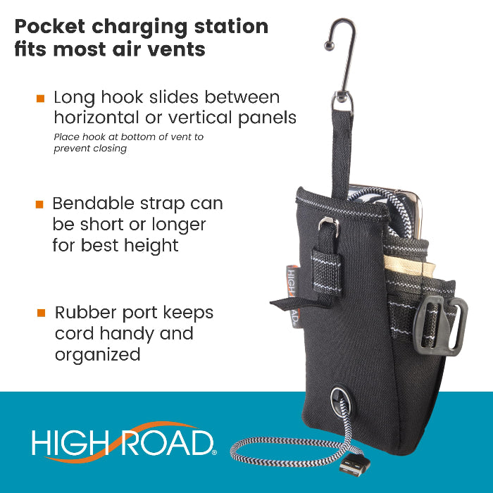 High Road hanging car organiser with charging pocket, adjustable strap and cord storage for car vents