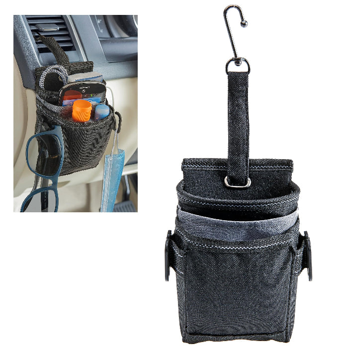 empty driver pocket vent organiser on white backgroundw ith image of it in use with phone, glasses and other items inlaid