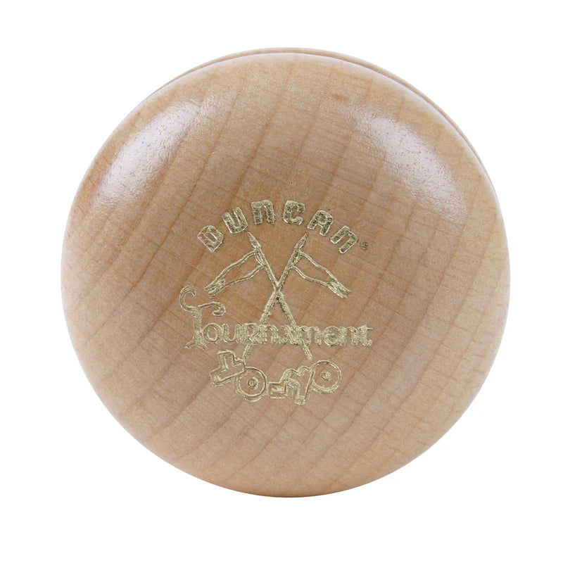 Natural wood Duncan Tournament yo-yo with gold logo, classic skill toy Adventure Awaits