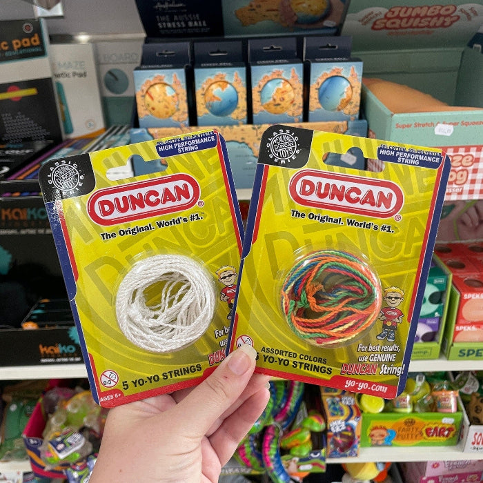 Duncan yo-yo replacement strings in white and assorted colours, high performance string packs for maintaining yo-yos and smooth play at home or travel Adventure Awaits