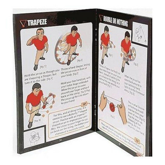 Open Duncan yo-yo trick book showing step by step illustrated instructions for performing tricks, helpful guide for learning skills at home or travel Adventure Awaits