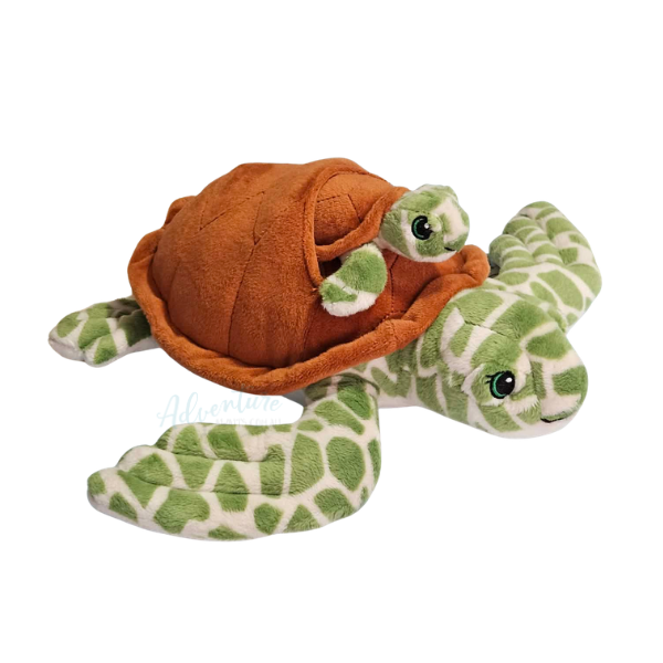 Plush turtle toy with orange shell on a white background