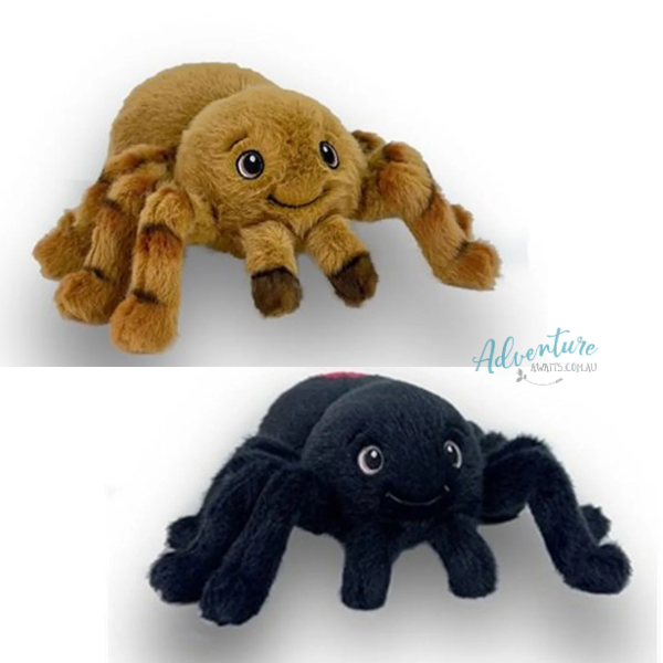 Two plush spider toys, one brown and one black, on a white background with Adventure Awaits