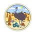 A circular wooden puzzle featuring a cartoon ostrich in a desert landscape with emu under a blue sky, set against a plain white background.