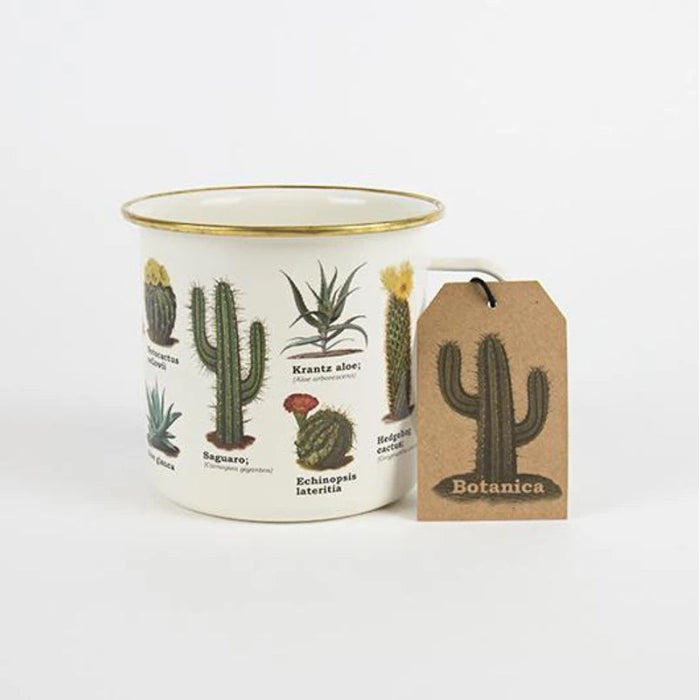 enamel mug with botanical cactus illustrations and gold rim, includes Botanica tag, stylish drinkware for home or camping Adventure Awaits