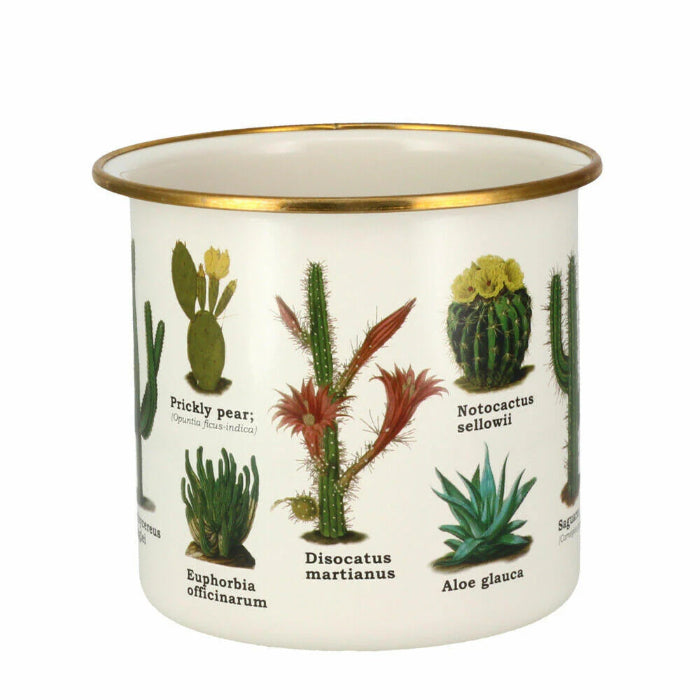 enamel mug with detailed botanical cactus illustrations and gold rim, white camping mug featuring labelled plant designs Adventure Awaits