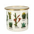 enamel mug with detailed botanical cactus illustrations and gold rim, white camping mug featuring labelled plant designs Adventure Awaits