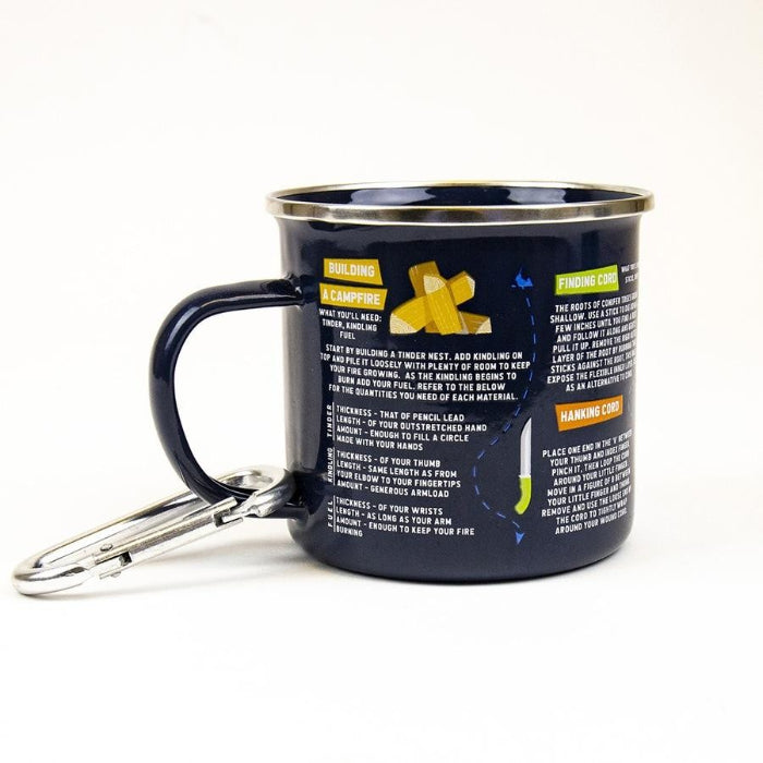 navy enamel Survival Guide mug with printed camping tips and metal carabiner handle, durable 500ml mug for outdoor adventures Adventure Awaits