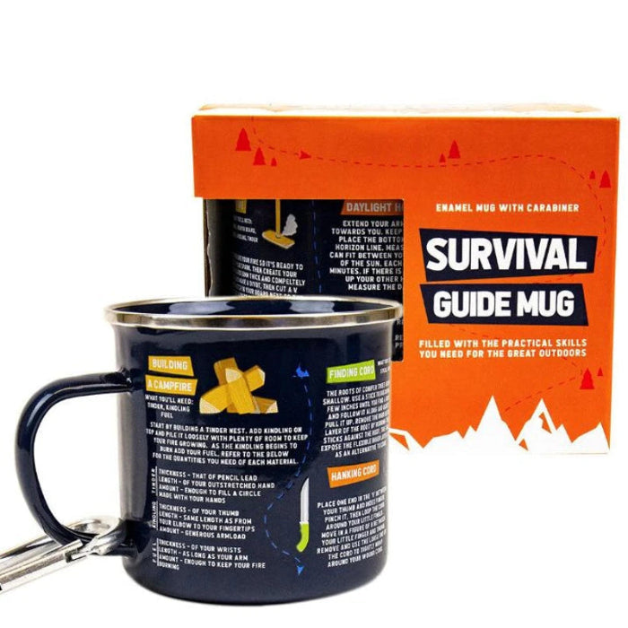 Survival Guide enamel mug with printed outdoor tips and carabiner handle, shown with branded gift box packaging for camping and travel Adventure Awaits
