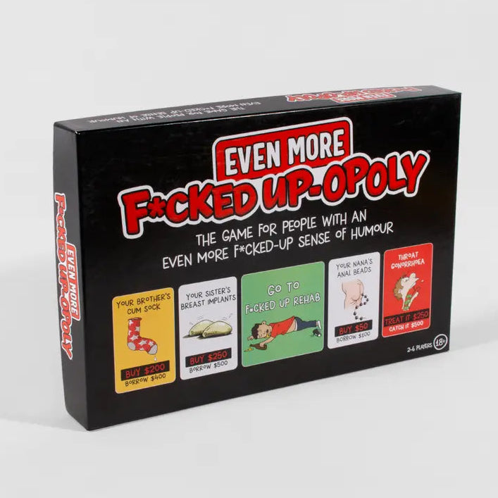 Board game box titled 'Even More F*cked Up-opoly' on a white background