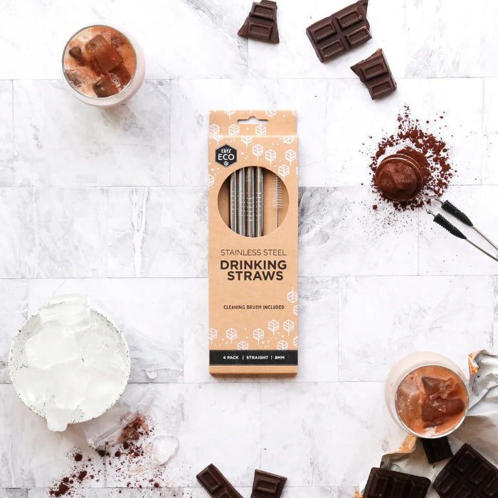 Ever Eco stainless steel drinking straws 4-pack beside chocolate drinks — Adventure Awaits