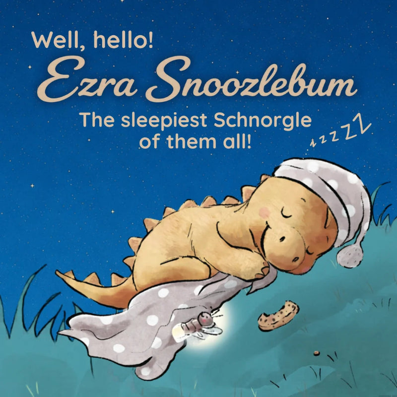 Sleeping Ezra Snoozlebum Schnorgle illustration in nightcap on a starry blue background — Adventure Awaits