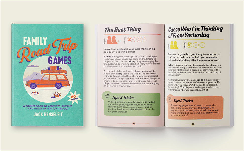 cover of family road trip games book alongside open page spread showing example of two games