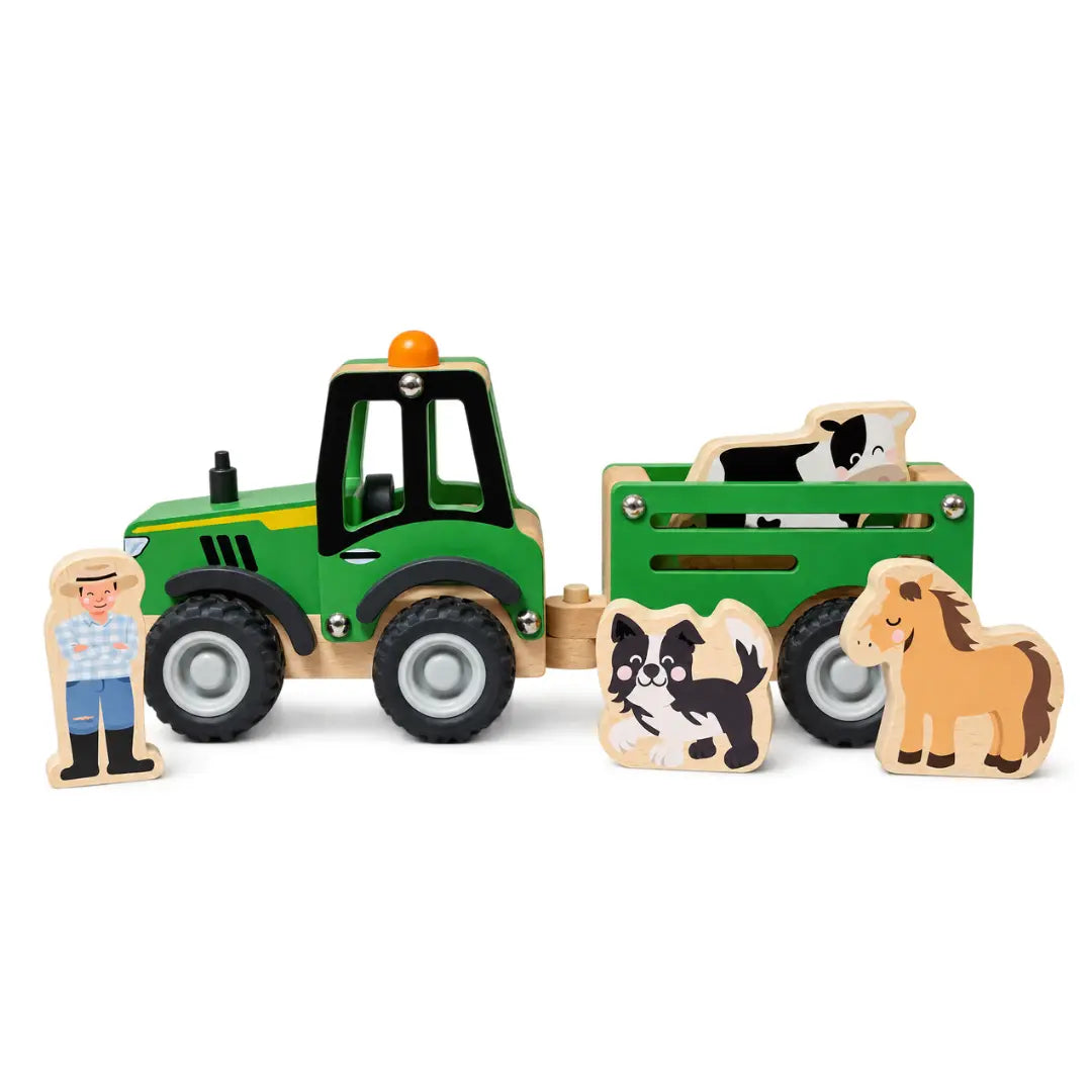 Koala Dream wooden farm tractor and trailer set with farmer, cow, dog and horse figures — Adventure Awaits