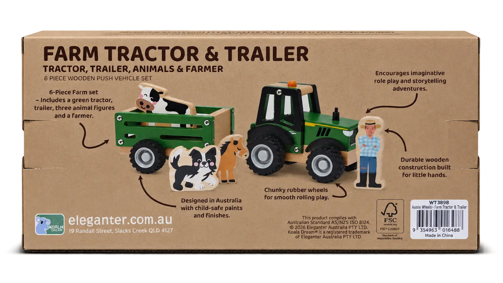 Back of Koala Dream Farm Tractor & Trailer box showing wooden tractor, trailer, farmer and animal pieces — Adventure Awaits