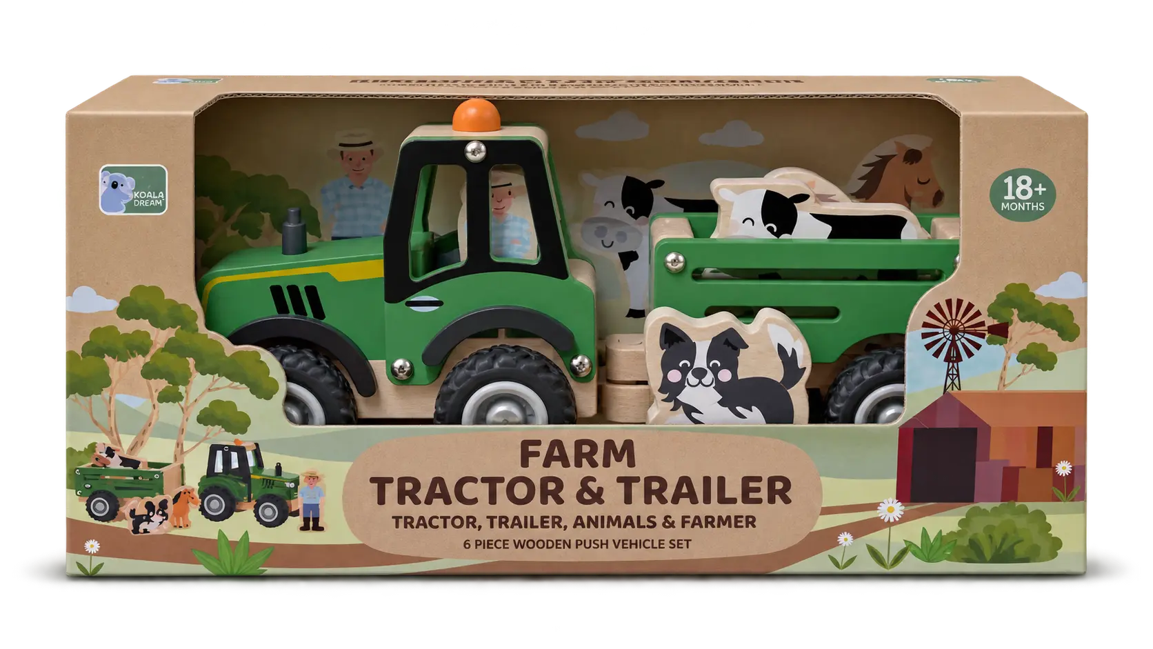 Koala Dream Farm Tractor & Trailer 6 piece wooden push vehicle set in retail box — Adventure Awaits