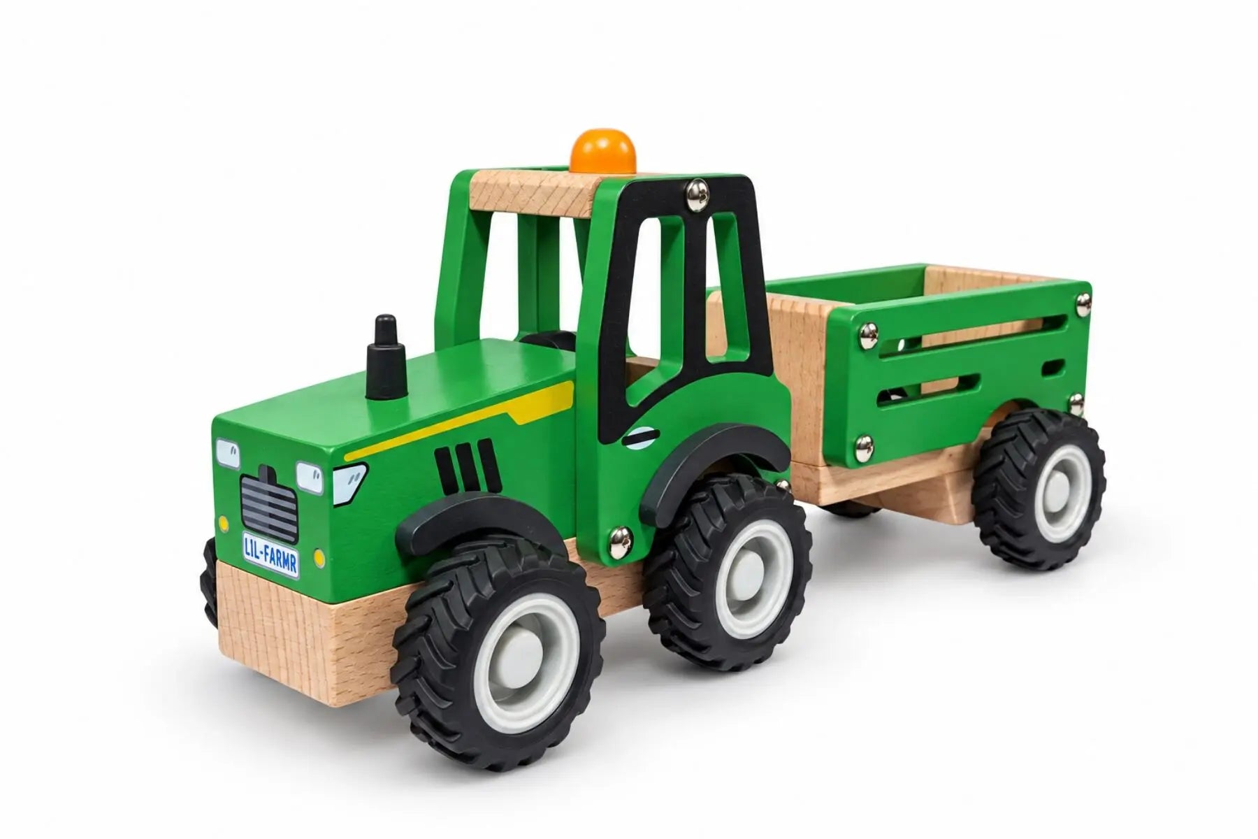 Koala Dream green wooden farm tractor and trailer with chunky black wheels — Adventure Awaits
