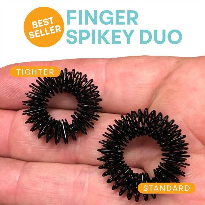 Two black finger spikey duo products held in a hand with text indicating 'Best Seller' and 'Tighter' and 'Standard' options.