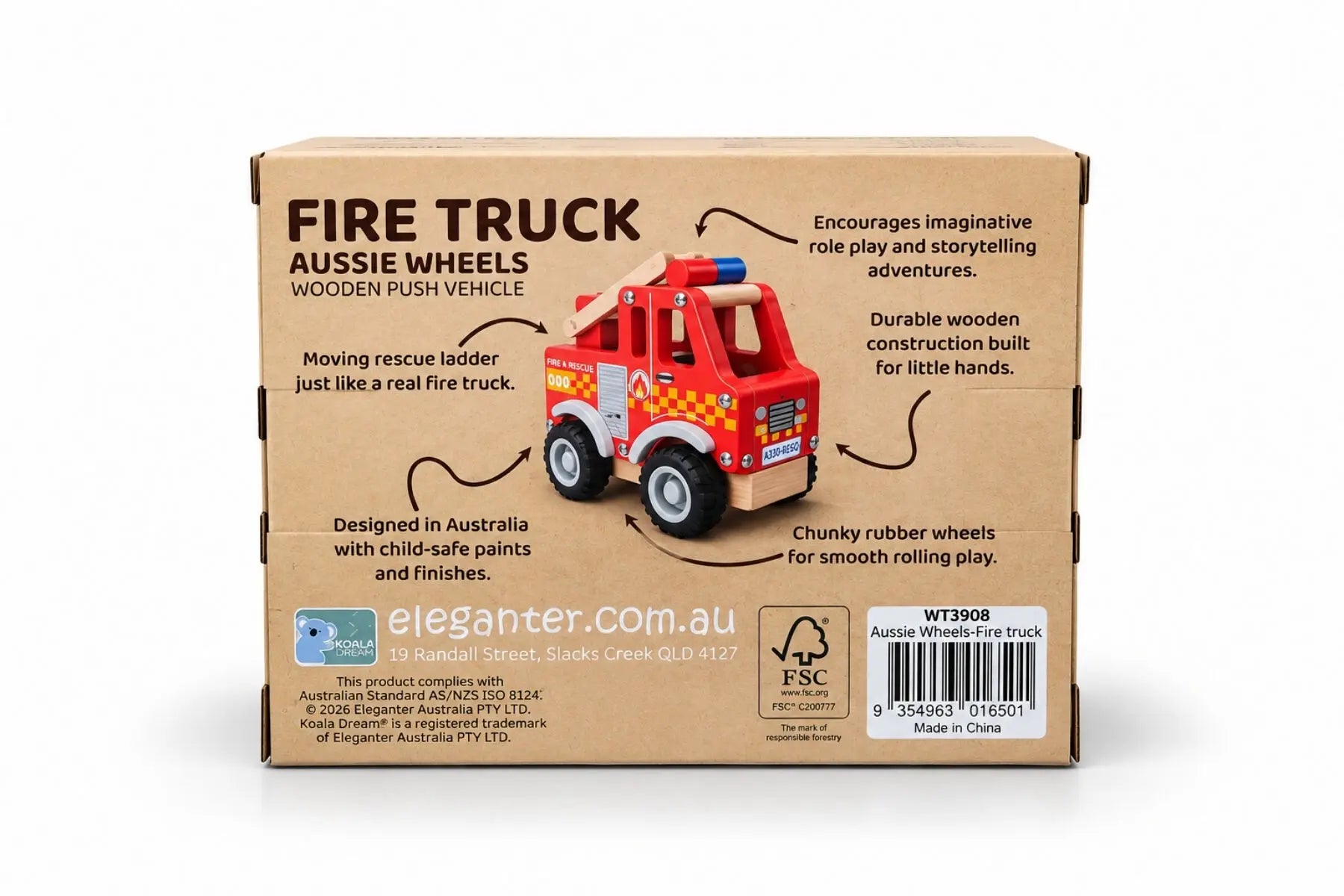 Back of Koala Dream Fire Truck box showing moving ladder, wooden build and chunky rubber wheels — Adventure Awaits