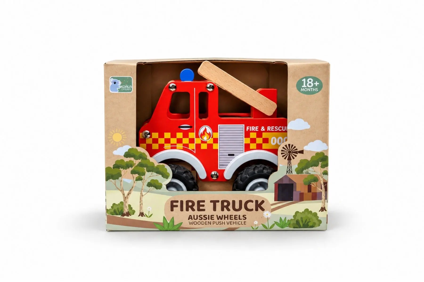 Koala Dream Aussie Wheels red wooden Fire Truck with moving ladder in retail box — Adventure Awaits