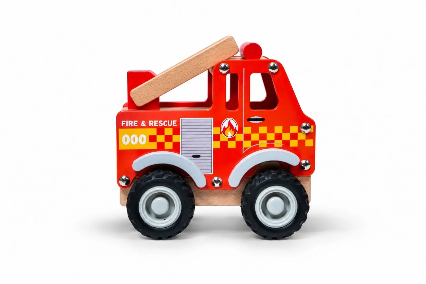 Side view of Koala Dream Aussie Wheels fire truck with red body, rescue graphics and wooden ladder — Adventure Awaits