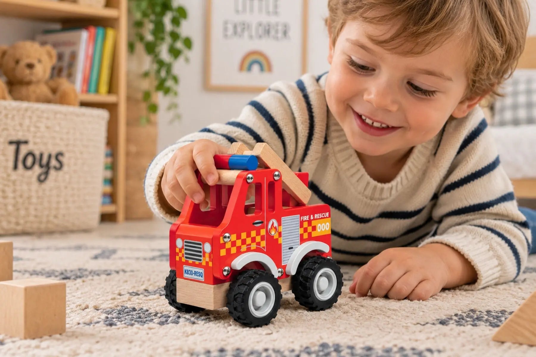 Child playing with Koala Dream red wooden fire truck on a playroom rug — Adventure Awaits