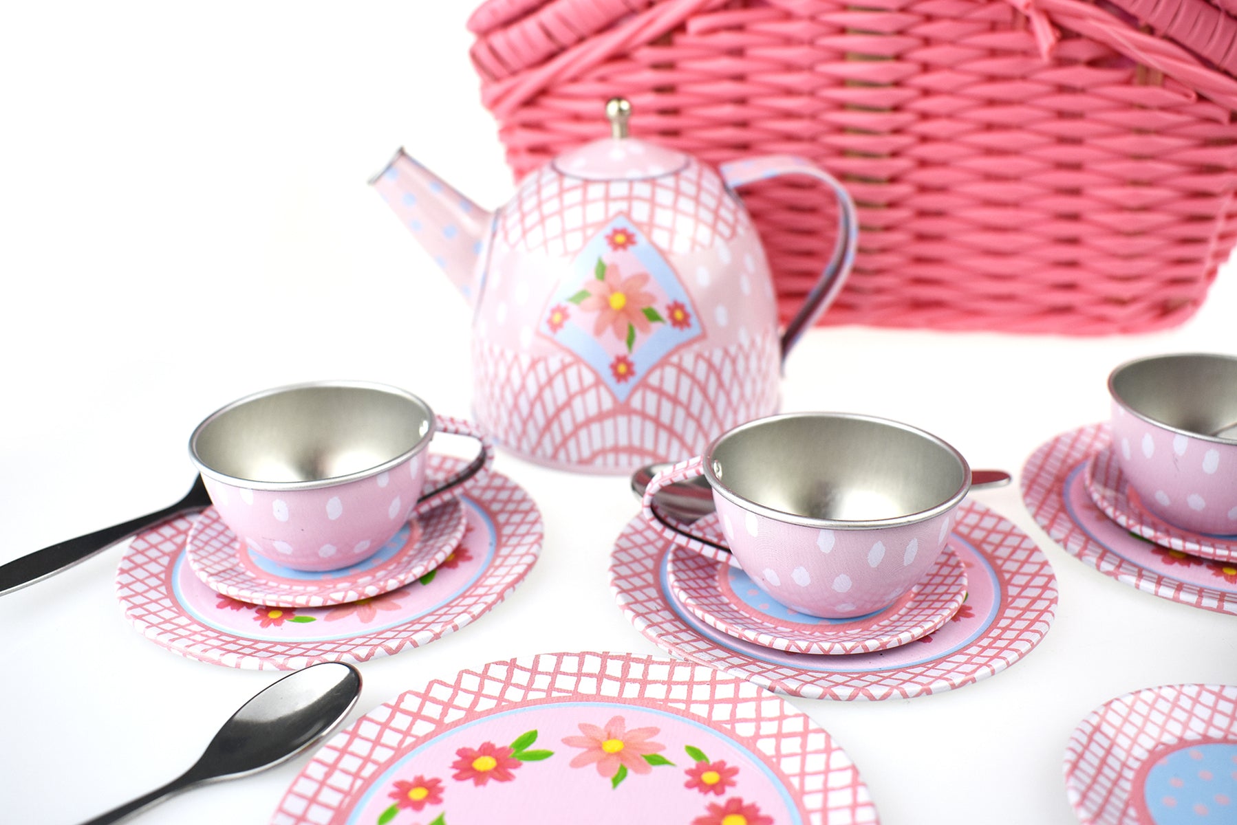 Floral Tin Tea Set in Picnic Basket 18pc