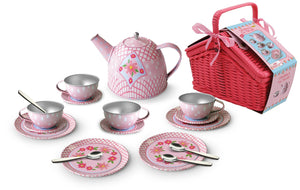Floral Tin Tea Set in Basket 18pc